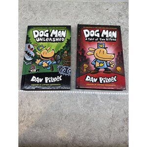 DOG MAN Hardcover lot of 2 books: Unleashed + Tale of Two Kitties. New